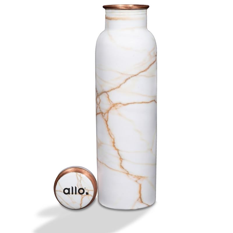 Image of Allo Pure Copper Water Bottle 1 Litre Copper Bottle | Alkaline and Anti Oxidant | 100% Leak Proof, Office, Gym Bottle, Modern Tamba Bottle for Adults, Best Gift for Diwali (White Golden Marble)