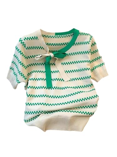 WDIRARA Women's Striped Short Sleeve Sweater Bow Tie Neck Color Block Tee Knit Pullover Tops