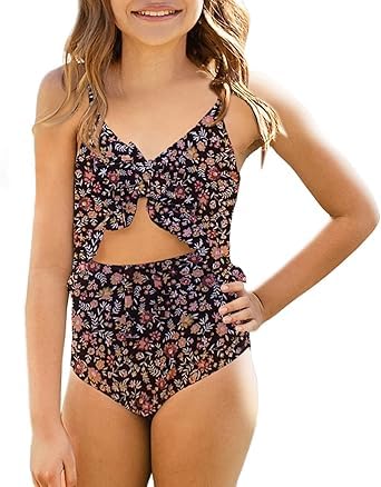 Haloumoning Costume da bagno intero da bambina, con volant, motivo
