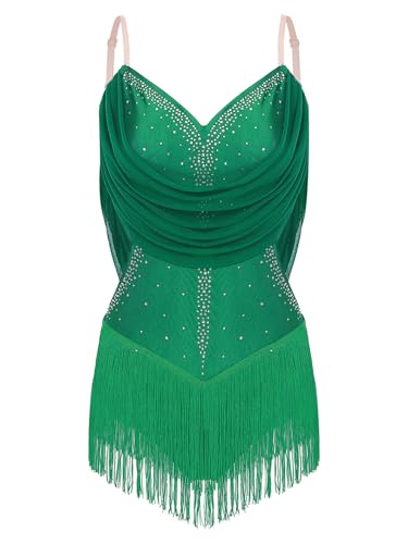 Fldy Vestido de baile latino para mujer, sin mangas, con flecos, con flecos, falda de salsa, samba, cha, salsa, cha, sala, baile, foxtrot, verde, M