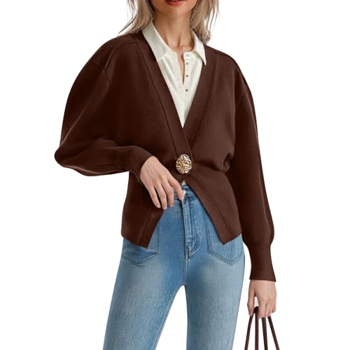 Women's Elegant Knit Cropped Cardigan with Decorative Button Long Sleeve V-Neck Sweater Trendy Fall Outfits