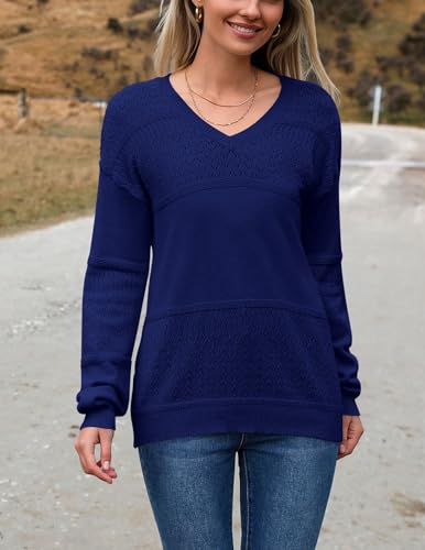 Image of Zeagoo Womens 2026 Fall Sweaters Casual Long Sleeve Ribbed Knit Pullover V Neck Lightweight Crochet Pullover Sweater Top