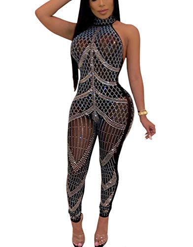 Salimdy Womens Sexy Rhinestone See Through Jumpsuit Bodycon Halter Neck Backless Romper Club wear Black