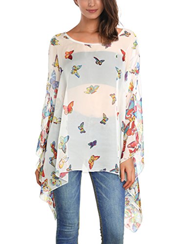 DJT Women's Floral Printed Chiffon Caftan Poncho Tunic Top One Size White