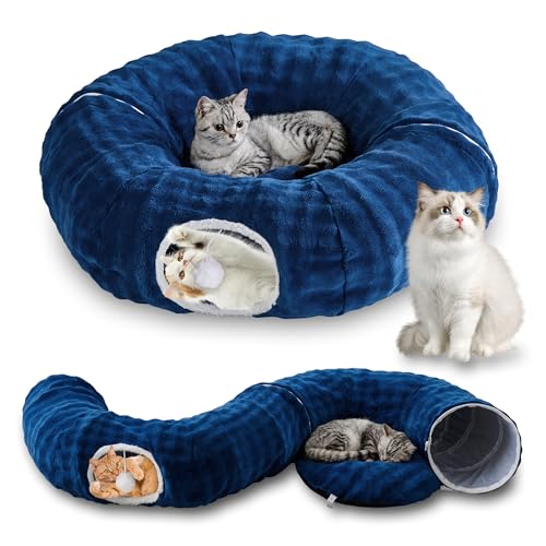 Image of Bubble Cat Tunnel for Indoor Cats, Round Peekaboo Cave Toy with Dangling Balls, Donut Tunnel Bed with Circle Mat for Puppy Kitten Rabbit, Navy Blue