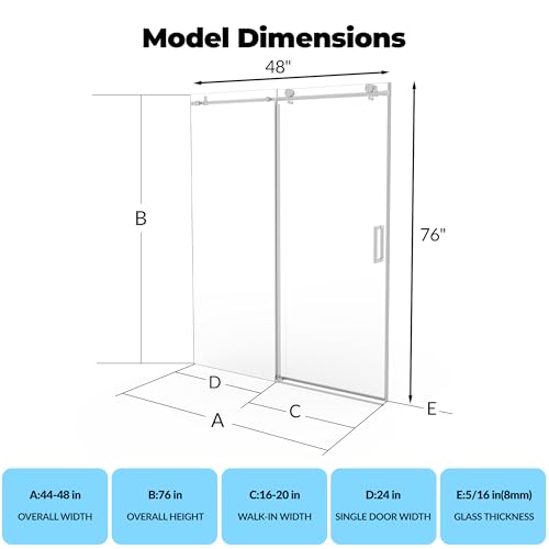 Image of Frameless Shower Doors 44-48 inch W x 76 inch H, Sliding Door, 5 /16 inch (8mm) Clear Tempered Glass, Space-Saving Design for Modern Bathrooms