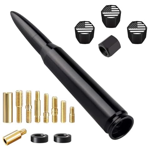 Car Truck Bullet Antenna with Valve Stem Caps, Universal Antenna Mast for GM Chevy Silverado 1500 2500 3500 HD Avalanche Ford F150 F250 F350 Heavy Duty Pickup Jeep Accessories (Black)-Car Wash Safe Cover