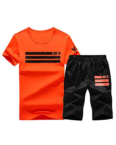 Lavnis Men's Casual Tracksuit Short Sleeve Running Jogging Athletic Sports Set Red L