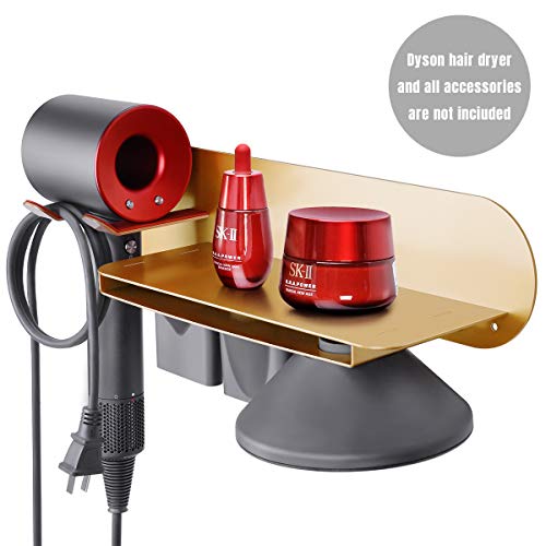 FLE Hair Dryer Holder Wall Mounted with Shelf, Gold Wall Mount Hair Dryer
