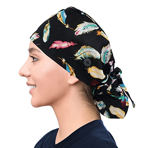 Image of Adjustable Working Cap with Button, Cotton Working Hat Sweatband with Ponytail Pocket, Elastic Bandage Tie Back Hats for Women & Men, One Size, Feather Black