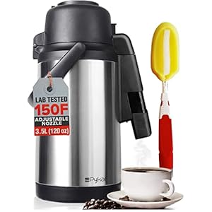SplashProof Coffee Carafe Airpot Dispenser – with Adjustable Nozzle | 120 oz Capacity | Lab Tested 8 hour > 150F Heat Retention | Premium Grade Rust Resistant double wall stainless steel by Pykal
