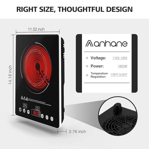 Image of ANHANE 1800W Electric Cooktop, 110V Single Burner Stove with Overheat Protection and Adjustable Power Levels - Portable Ceramic Stove for Kitchen, Travel, RV