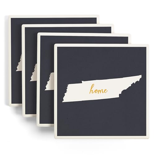 Tennessee, Home State, White on Gray (Absorbent Ceramic Coasters Set of 4 Matching Images, Cork Back, Kitchen Table Decor)