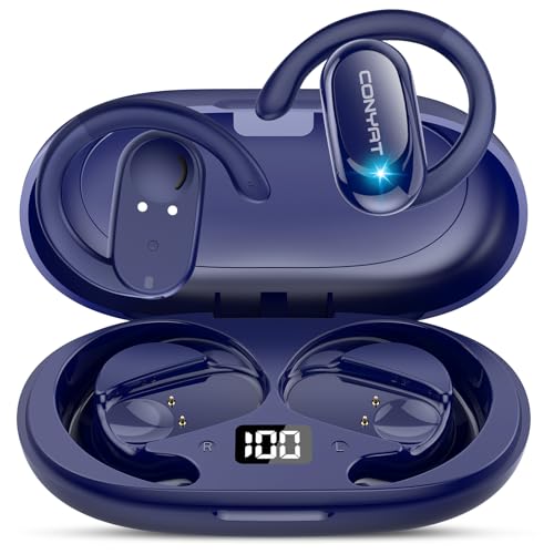 Conyat Auriculares Oreja Abierta, 58H Auriculares Deportivos Bluetooth 5.4, HiFi Estéreo Cascos Inalámbricos, Ganchos Giratorios para Orejas, Llamada ENC, IPX7 Impermeable para Fitness Correr, Azul