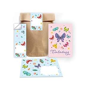 Junapack Lot de 12 cartes d’invitation pour anniversaire d’enfant Motif papillons avec 12 enveloppes et 12 sachets…