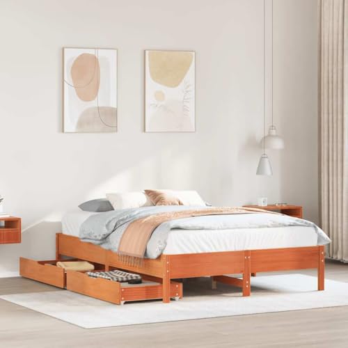 Mokuyary Cama de madera maciza sin colchón, color marrón cera, 135 x 190 cm, marco de cama de pino, cama con somier de láminas, plataforma marco de cama, fácil montaje para dormitorio, habitación de