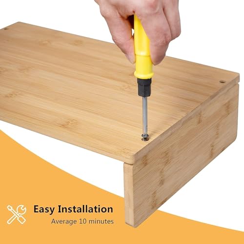 Image of Wooden Monitor Stand Riser with Storage Compartment and Lockable Storage Drawer Stand | Adjustable Desktop Organizer for Computer, Flax, Laptop & Printer (Wooden Monitor Stand 3 Screen)