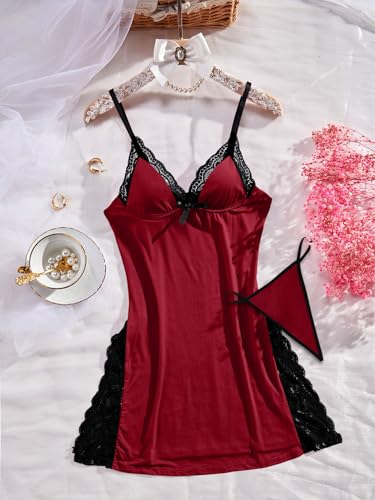 Image of Foxiny Sexy Split Side Floral Lace Trim Full Slip Night Gown Babydoll Lingerie Dress with Thong 2 piece