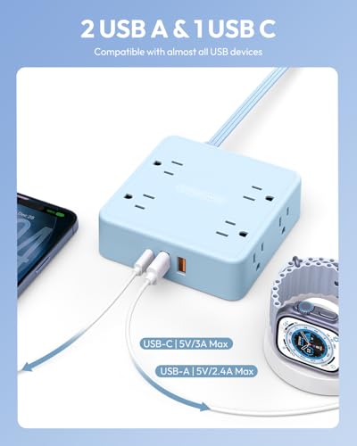 5 FT Blue Extension Cord, Power Strip with 8 Outlets 3 USB Ports, 3 Prong, Wall Mount Flat Plug Outlet Extender for Home Office, WideCube - image 3