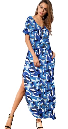 Image of GRECERELLE Women's Summer Maxi Dress Casual Loose V Neck Short Sleeve Side Split Long Dresses with Functional Pockets