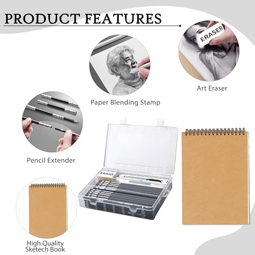 Image of DaKos Professional Sketching Pencil Set for Artists - Complete Drawing Kit with Graphite Pencils Set & Carry Box, Art Supplies for Shading & Sketching with A5 Sketchbook (23 Pcs)