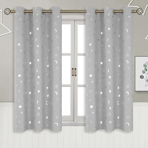 Bgment 035LTGREY4254 Kids Curtains For Nursery, Short Star And Moon Blackout Curtains For Bedroom 54 Inch Length, Room Darkening Thermal Insulated Small Window Curtains For Boys Girls, Light Grey, 42 Wide, 2 Panels cover