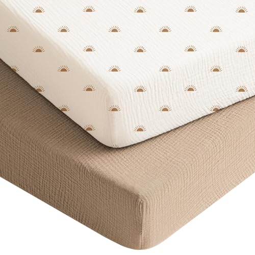 Image of Konssy Muslin Crib Sheets for Boys, Soft Cotton Neutral Baby Sheets for Standard Crib Mattress 2 Pack, 52"x28" (Camel, Sun)
