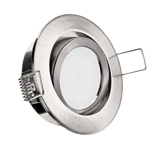 LED Einbaustrahler Edelstahl-gebürstet-Optik schwenkbar mit GU10-Fassung 230V und LED Leuchtmittel in warmweiß Einbauleuchte Deckenspot Downlight 68mm - 75mm Einbaudurchmesser (Modell: RD20) Cover