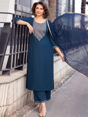 Image of ANNI Designer Women's Ruby Cotton Embroidered Straight Solid Kurta with Palazzo and Dupatta Set | Elegant Ethnic Kurta Set for Women | Comfortable Traditional for Office, Daily and Festive Use