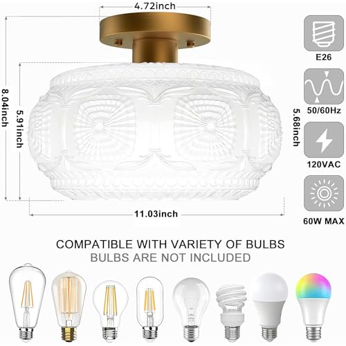 Image of 11 Inch Milk Glass Semi Flush Mount Ceiling Light Fixture, Gold