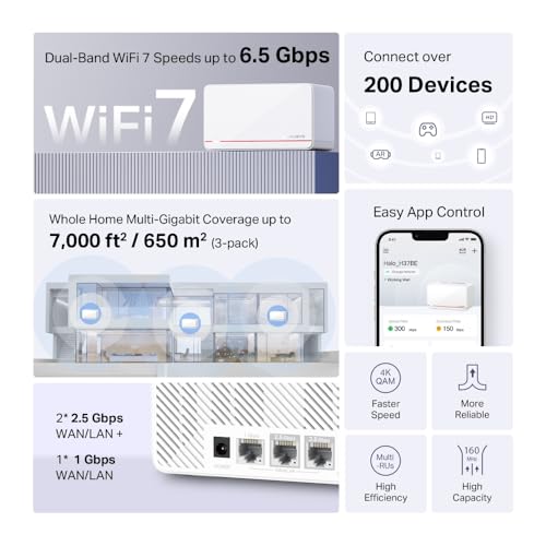 MERCUSYS WiFi 7 Mesh BE6500Mbps Tri-Bande Halo H37BE(3-Pack), Connecter jusqu'à 200 Appareils, 2 Ports 2.5G + 1 Ports 1.0G, Canaux 320 MHz, Easy App Control – vue 3
