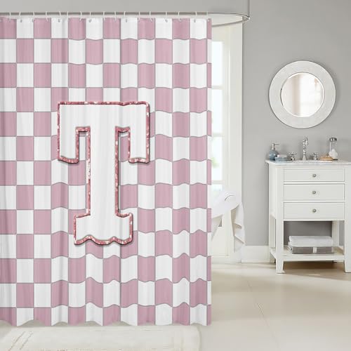 Image of Erosebridal Pink Initial T Shower Curtain 72 inch Wx72 L Kawaii Plaid Checkered Bathroom Curtain Cute Personalized Monogram Bathroom Accessories for Kids Girls,Fashion Grids Gingham Shower Decor