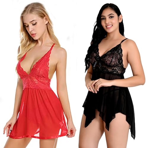 Image of Net Lace Women`s Babydoll Lingerie Dress for Honeymoon Night S-3XL