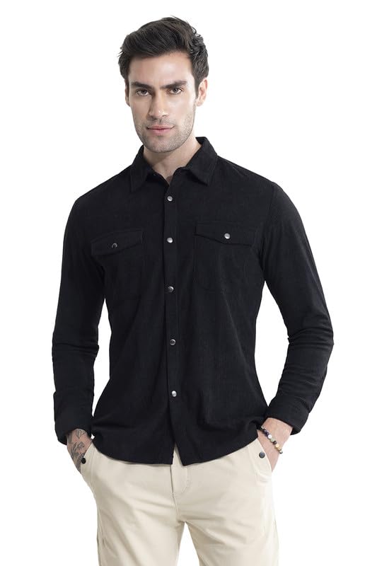 Image of SNITCH Men's Textured Overshirt | Casual Wear| College Holiday Streetwear Style | Cotton Spread Full Sleeve Relaxed Fit Black