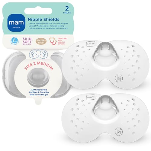 Image of MAM Nipple Shields for Breastfeeding Medium 20mm – Ultra Thin Silicone Shield for Latch Assist, Protects Sore or Flat Nipples, SkinSoft Surface, Sterilizing Case Included, BPA Free (2 Pack)