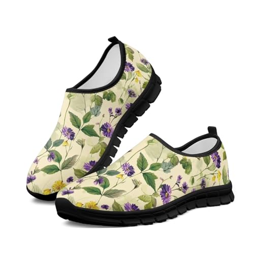 JoyLamoria House Art Flower Print Shoes for Women Casual Slip on Wide Business Flat Travel2