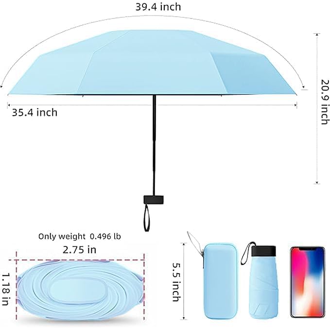 Image of WOOMZY UV Travel Mini Folding Ultra Compact pastel Umbrella with Case, Manual Open 6 Ribs Lightweight Portable, Small Sun & Rain Pocket Umbrella for Men and Women- Use in Rain & Summer (SKY BLUE)