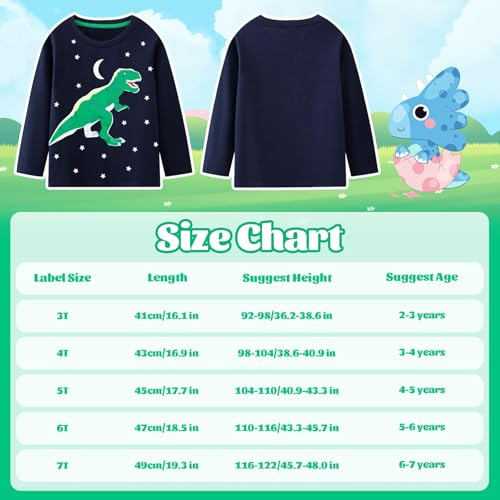 FILOWA Camiseta Niños Manga Largas Algodón T-Shirt Cuello Redondo Azul Marino tee Elástica Cómoda Luminoso Dinosaurio Brachiosaurus Estampado Top Primavera Otoño Invierno Ropa para Infantil 3-4 años