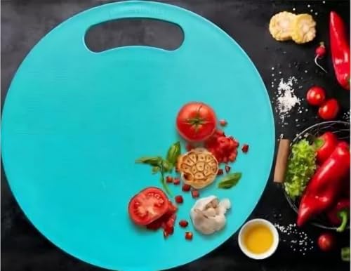 Image of Round Plastic Cutting Board with Handle, Turquoise Blue, 30 cm Diameter, Food Grade Material, Non-Slip Surface