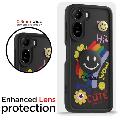 Image of Pikkme Back Cover for Redmi A7 Pro /Poco C85x 5G | Soft Silicone| Cute Rainbow Smile & 3D Cartoon Flower Design | Shockproof Raised Camera Protection Bumper Case (Black)