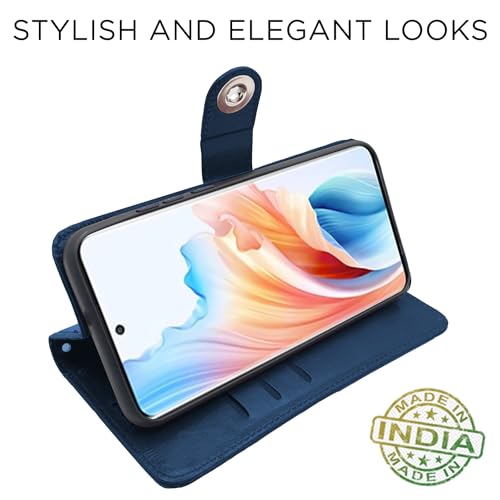 Image of Pikkme Oppo A2 Pro 5G Flip Cover Leather Finish | Inside TPU with Card Pockets | Wallet Stand and Shock Proof | Complete Protection Button Flip Case (Blue)