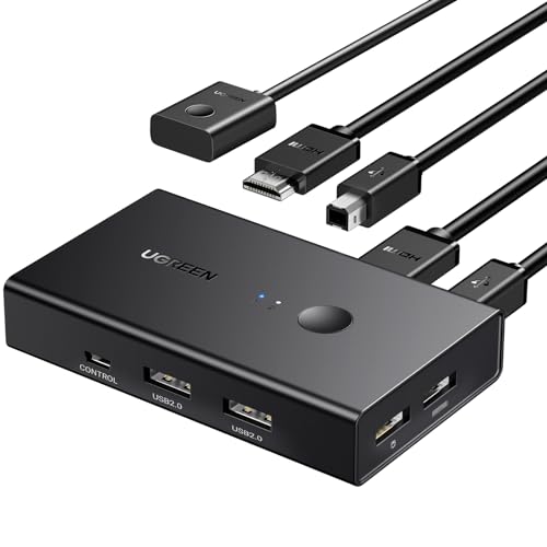 UGREEN KVM HDMI Switch 4K 60Hz 2 in 1 out 2 PC Condivisione 1 Schermo e 4 porte USB 2.0 per Tastiera Mouse Stampante Chiavetta HDD Switcher con Controllo Desktop e Cavo