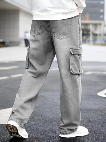 Image of Ben Martin Men's Denim Cotton Cargo Jeans || Stretchable Baggy Fit || High Waist Loose Cargos for Men with Box Pockets || Stylish Gen-Z Streetwear || Sizes 28-40 || Black, Khaki, Grey & More