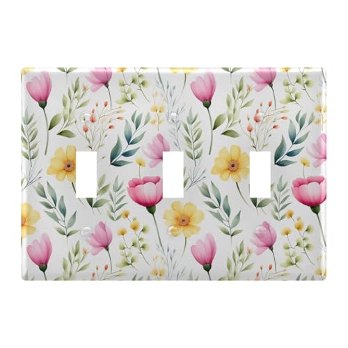 Light Switch Cover Pink Yellow Flower Wall Plates for Electrical Outlets 3 Gang 202b3350