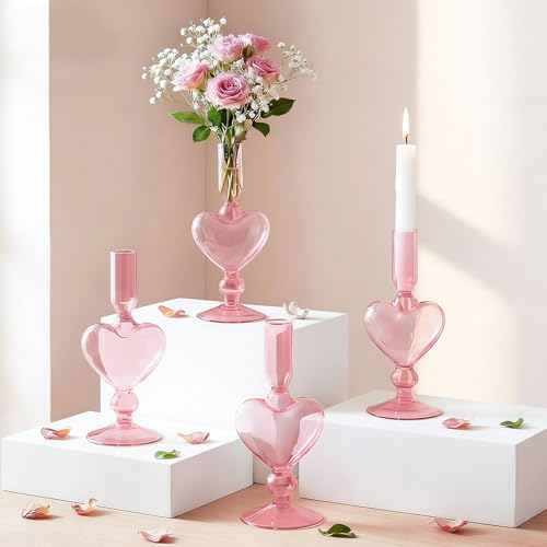 7" Heart Glass Taper Candlestick Holder Valentines Heart Can