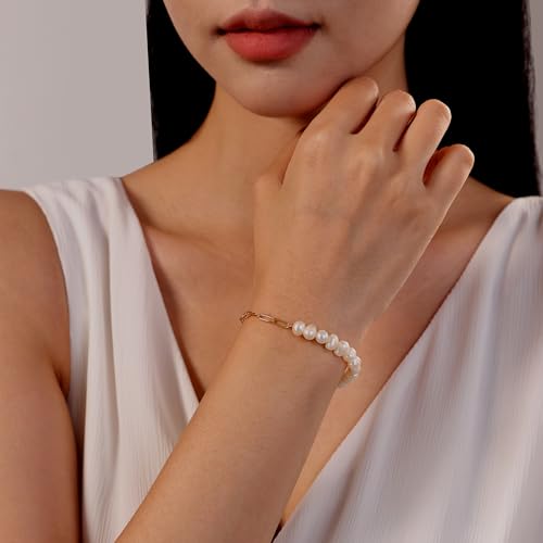 14K Gold Plated 7.3 Inch Baroque Freshwater Cultured Pearl Bracelet for Women - 7mm Pearls Paperclip Link Chain Bracelet, Unique Irregular Dainty Daily Wear Jewelry Gift For Her4