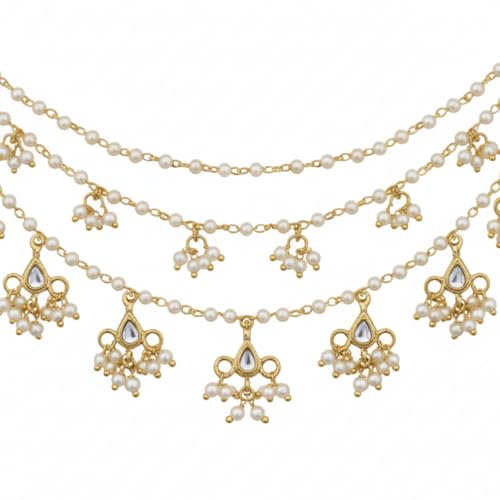 Image of Traditional Gold Plated Alloy Ear Chain Pair with Kundan & Pearl Dangling Design | 3 Layer Bridal Ear Chain for Women