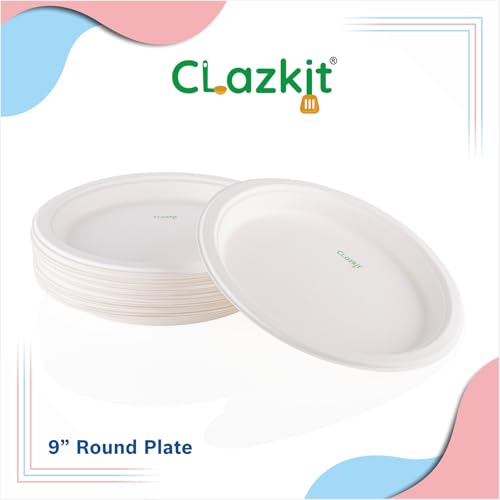 Image of Clazkit 9 Inch Round (50 Pc) Bagasse Plates, Eco-Friendly Disposable Party Pack Alternative to Plastic Paper Plate