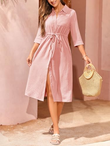 Image of Febriajuce Women's 3 /4 Sleeve Midi Dress Casual Drawstring Belted Round Neck Plain Tie Waist Loose High Waist Long Dress