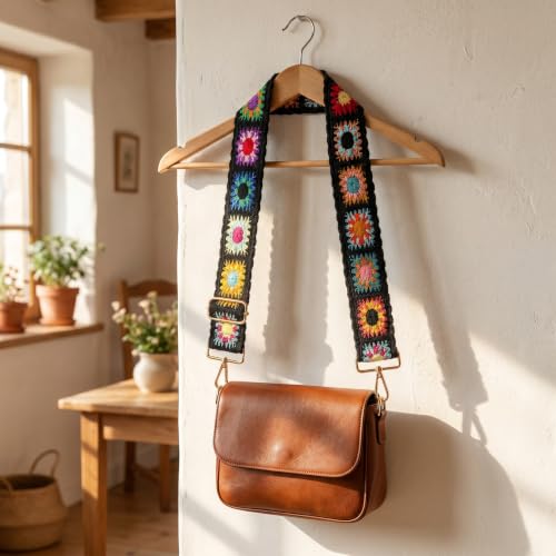 Image of Crochet Flower Purse Strap,Knit Wide Replacement Crossbody for Shoulder Strap Bag Adjustable 2inch Guitar Strap